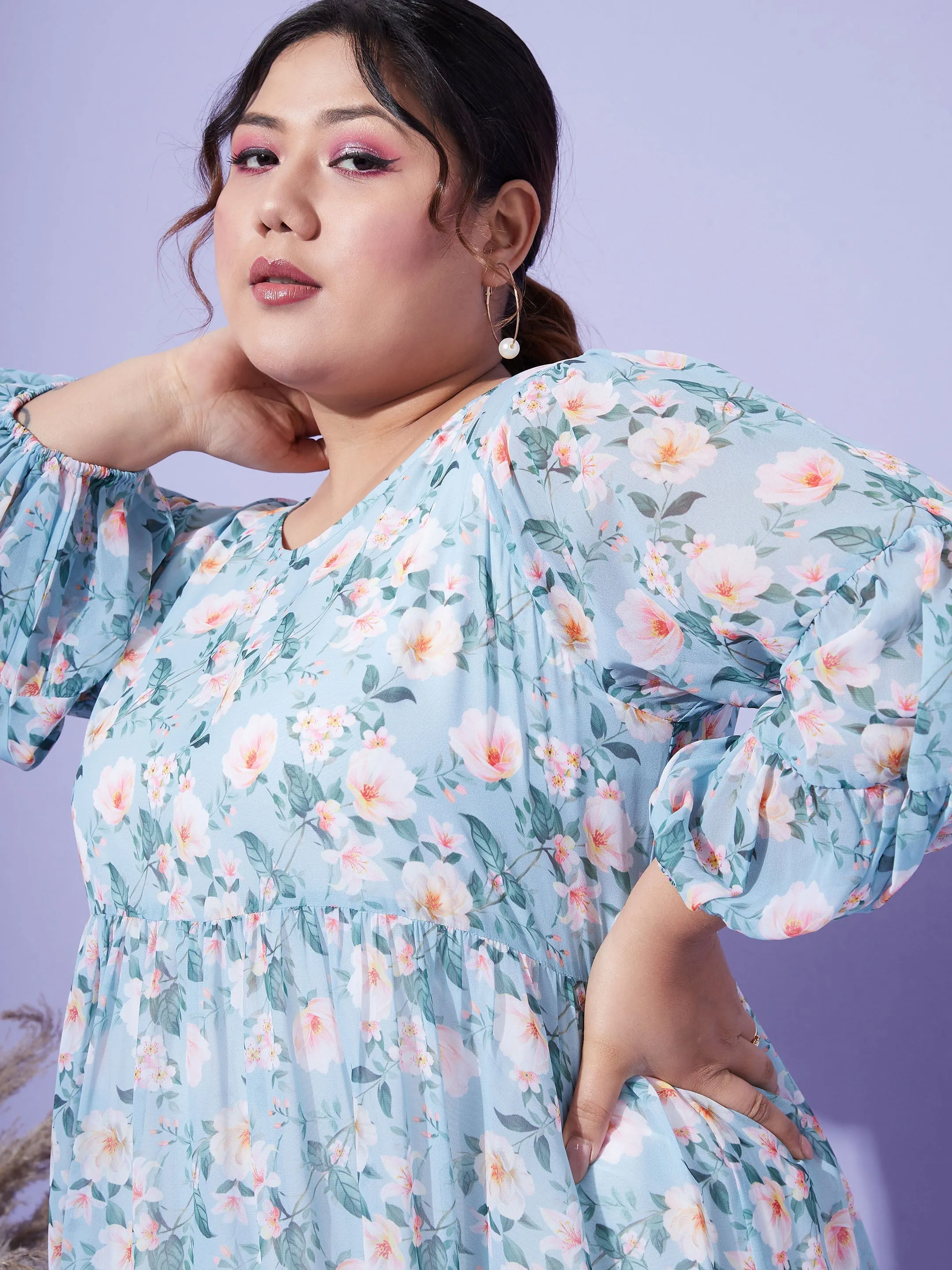 Women Turquoise Blue Floral Tiered Dress