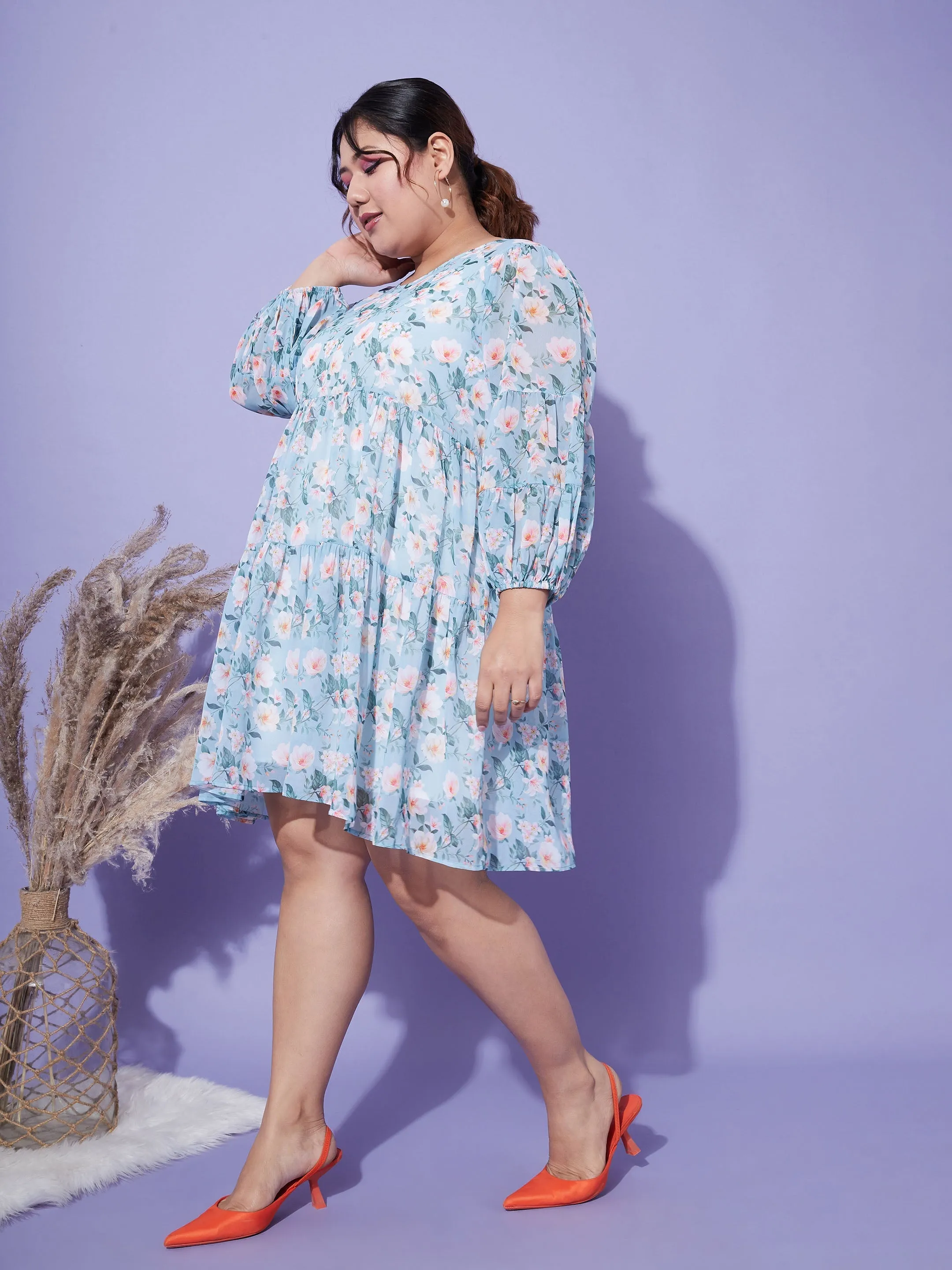 Women Turquoise Blue Floral Tiered Dress