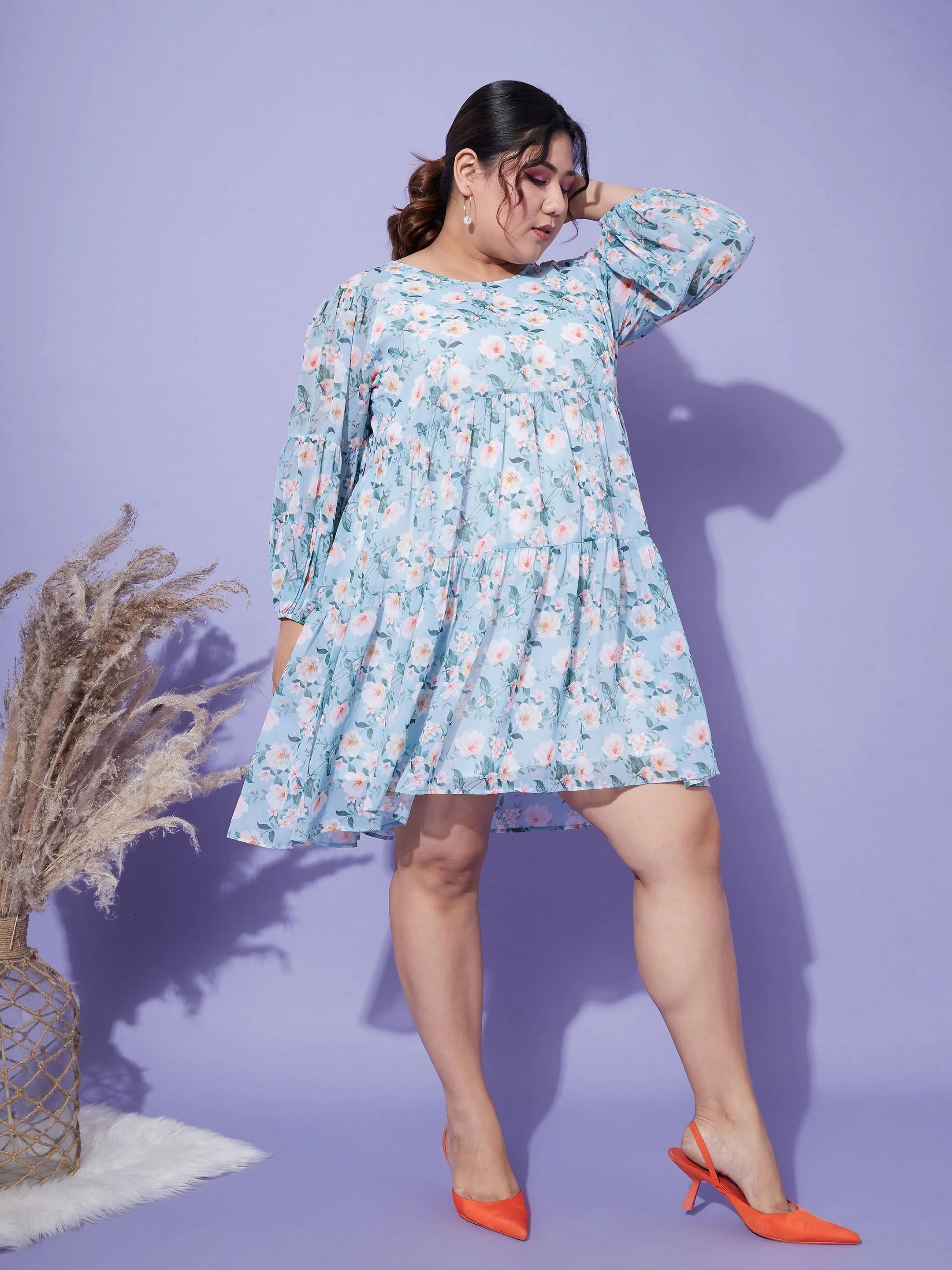 Women Turquoise Blue Floral Tiered Dress
