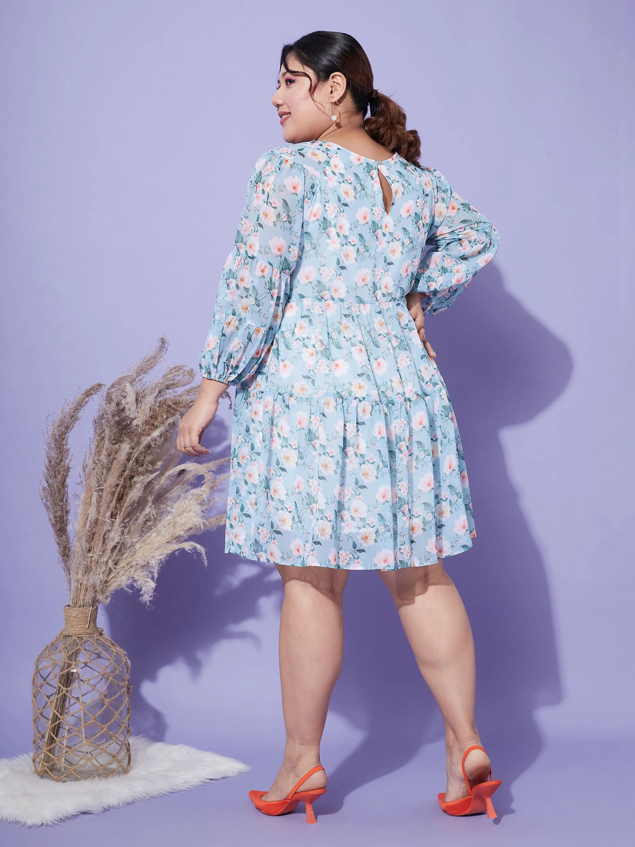 Women Turquoise Blue Floral Tiered Dress