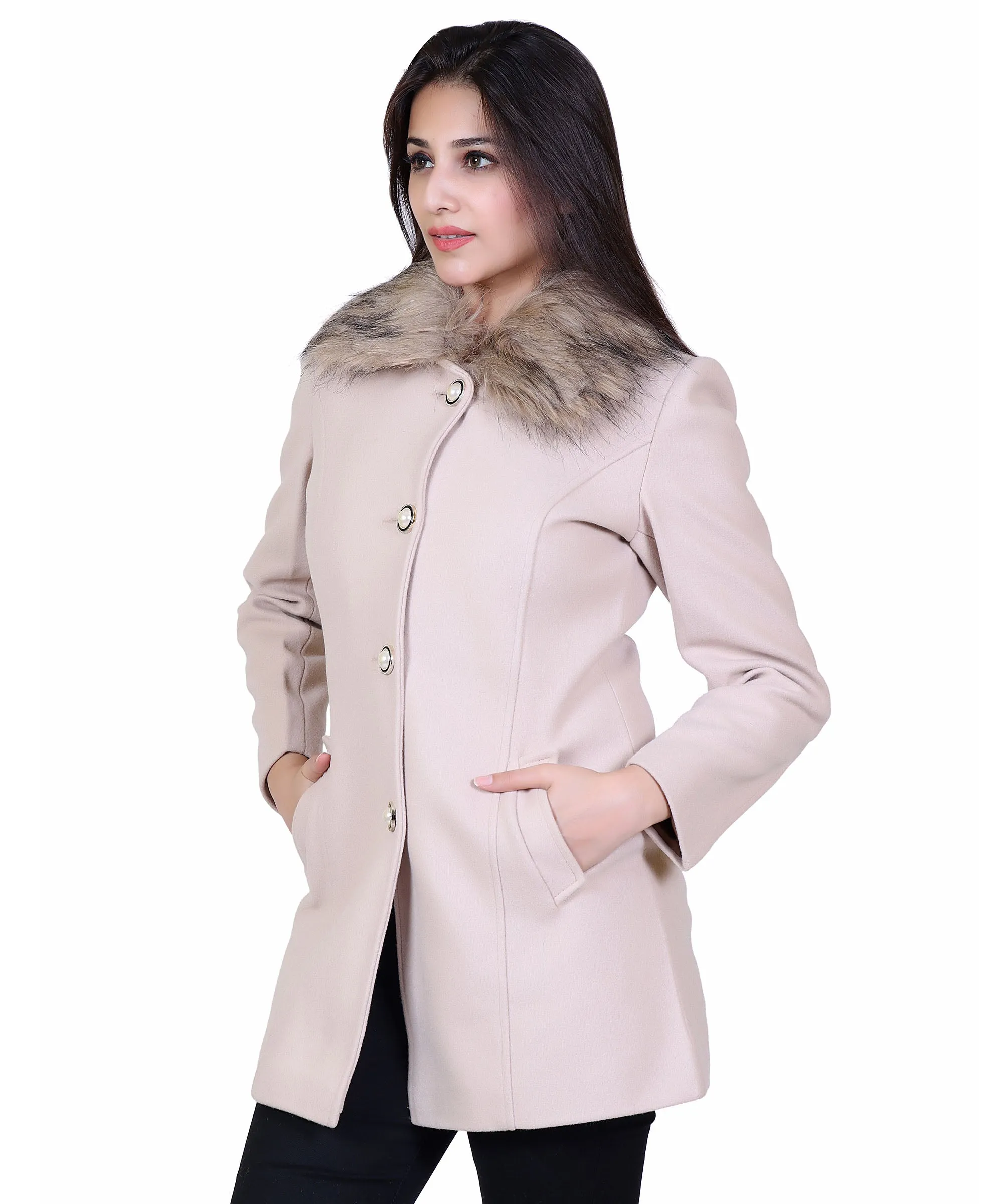 Women Winter Wear Casual Coat with Detachable Faux Fur Collar