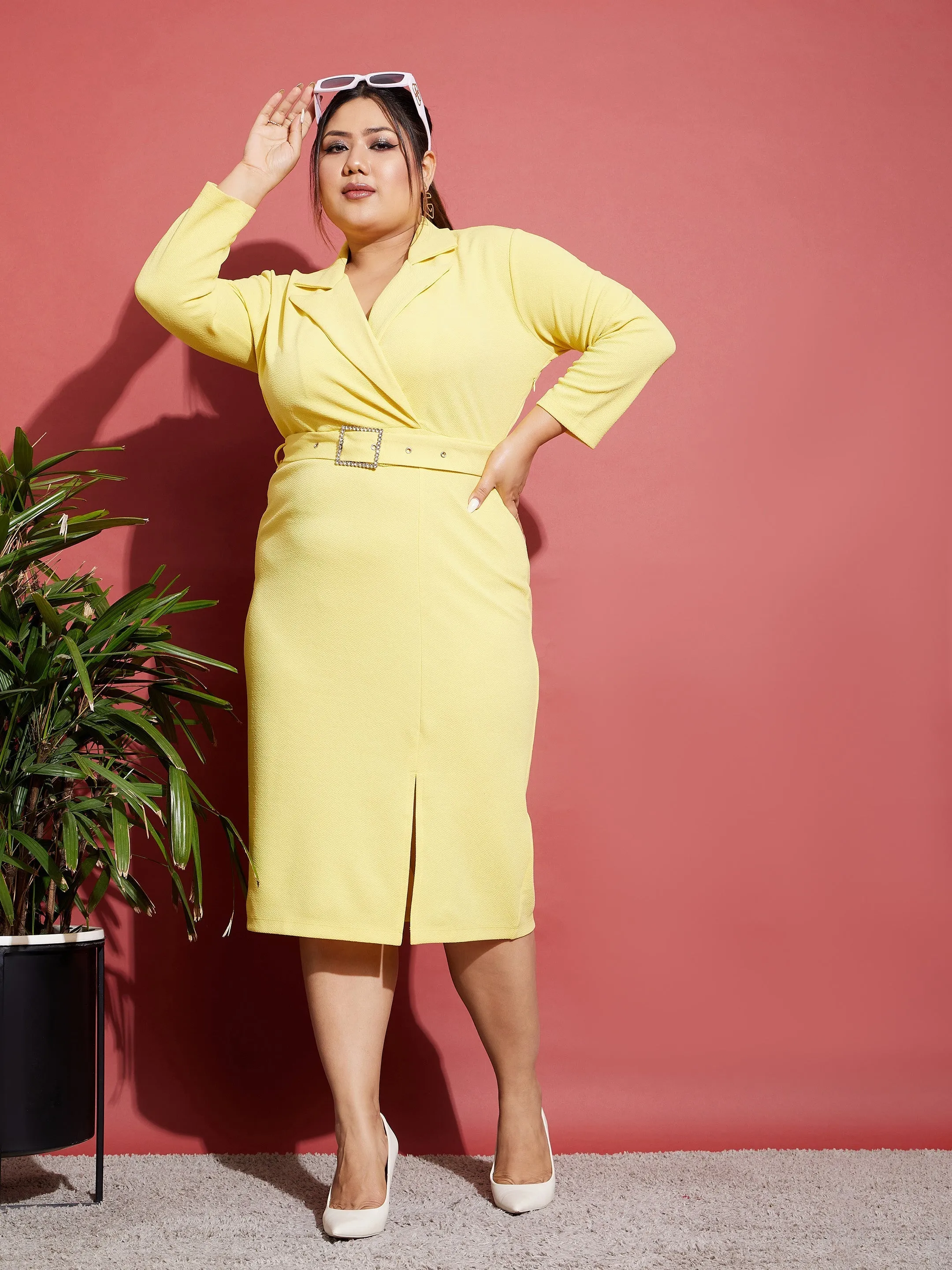 Women Yellow Notch Collar Belted Bodycon Dress
